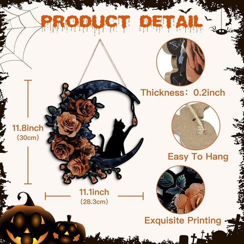 Putuo ديكور إكليل الهالوين للباب الأمامي تصميم القمر القط الأسود القوطي مع الورود، علامة باب الهالوين لديكور جدار الباب الأمامي (أرجواني) in Kuwait