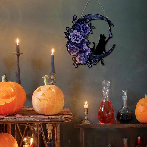 Putuo Decor Halloween Wreath for Front Door Gothic Black Cat Moon Design with Roses, Halloween Door Sign for Front Door Wall Decor (Purple) in Saudi Arabia