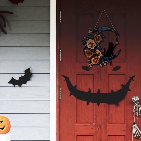 Putuo ديكور إكليل الهالوين للباب الأمامي تصميم القمر القط الأسود القوطي مع الورود، علامة باب الهالوين لديكور جدار الباب الأمامي (أرجواني) in Kuwait