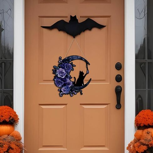 Putuo Decor Halloween Wreath for Front Door Gothic Black Cat Moon Design with Roses, Halloween Door Sign for Front Door Wall Decor (Purple) in Saudi Arabia