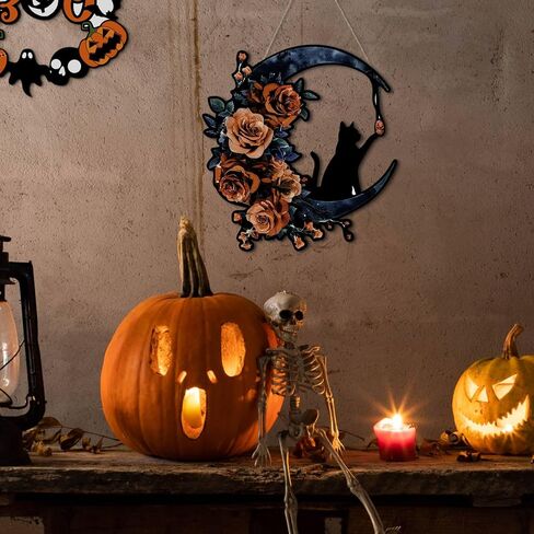 Putuo ديكور إكليل الهالوين للباب الأمامي تصميم القمر القط الأسود القوطي مع الورود، علامة باب الهالوين لديكور جدار الباب الأمامي (أرجواني) in Kuwait