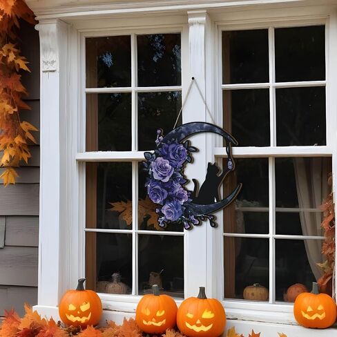 Putuo Decor Halloween Wreath for Front Door Gothic Black Cat Moon Design with Roses, Halloween Door Sign for Front Door Wall Decor (Purple) in Saudi Arabia