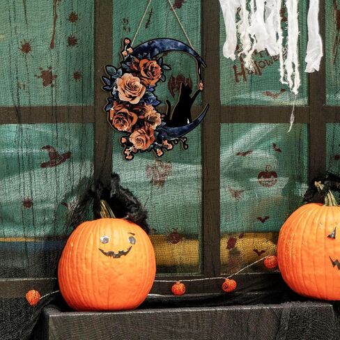 Putuo ديكور إكليل الهالوين للباب الأمامي تصميم القمر القط الأسود القوطي مع الورود، علامة باب الهالوين لديكور جدار الباب الأمامي (أرجواني) in Kuwait