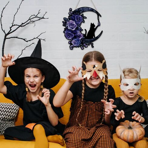 Putuo Decor Halloween Wreath for Front Door Gothic Black Cat Moon Design with Roses, Halloween Door Sign for Front Door Wall Decor (Purple) in Saudi Arabia