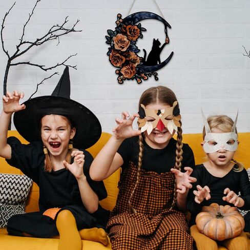 Putuo ديكور إكليل الهالوين للباب الأمامي تصميم القمر القط الأسود القوطي مع الورود، علامة باب الهالوين لديكور جدار الباب الأمامي (أرجواني) in Kuwait