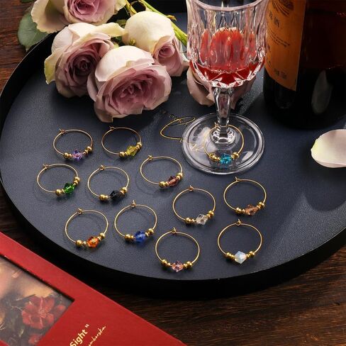 Pride & par 12Pcs Gold/Silver Plating Ring with Gem Wine Charms for Glasses Wine Glass Markers Drink Markers for Stem Glasses Wine Glass Decoration for Weddings Parties in Saudi Arabia