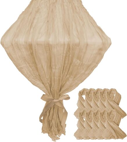 مفرش طاولة أحمر قرميدي مقاس 35 بوصة × 120 بوصة (305 سم) 10 عبوات مناديل (19.6 بوصة × 19.6 بوصة) مجموعة طويلة من الشاش شبه الشفاف لحفلات الزفاف وأعياد الميلاد وحفلات أعياد الميلاد وديكور المنزل وعيد الشكر in Kuwait