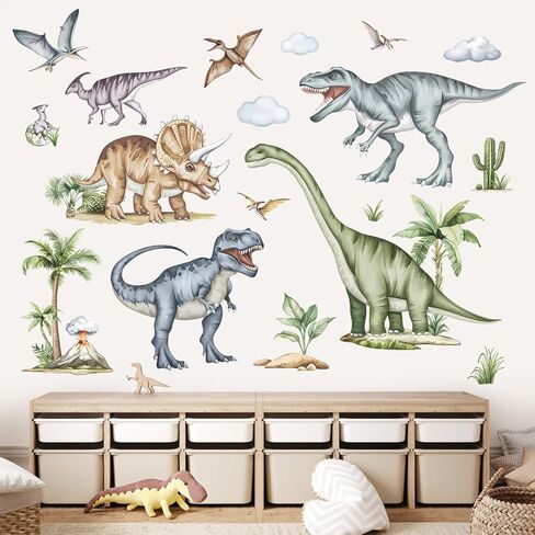 decalmile Boho Baby Dinosaurs Wall Decals Dino Palm Tree Volcano Wall Stickers Boys Bedroom Toddler Room Baby Nursery Wall Decor in Kuwait