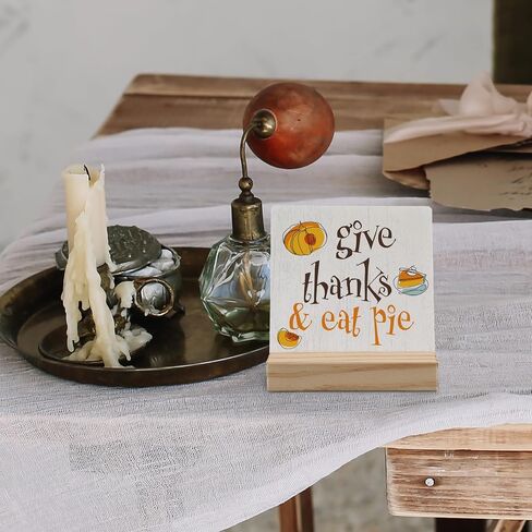 Thanksgiving Desk Decor, Thanksgiving Decorations, Fall Sign, Fall Decor, Rustic Farmhouse Autumn Wood Plaque Decor, Give Thanks And Eat Pie Wooden Plaque Sign with Wood Stand for Home Office in Saudi Arabia