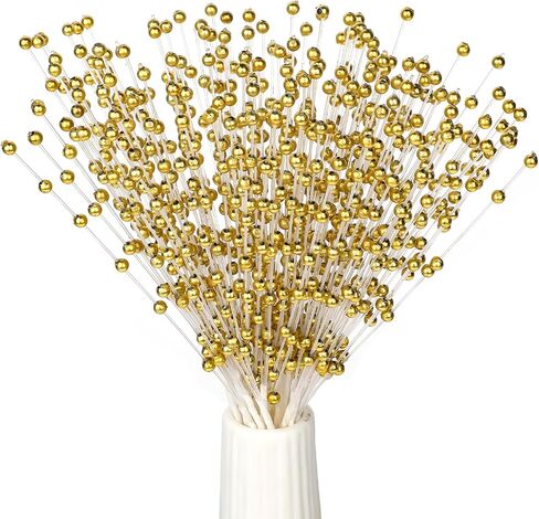 50 Pcs 4mm Pearls String Beaded Stick Pearl Bouquet Party Decoration Gold Floral Accents Bride Wedding Bouquet Accessories Long Sticks for Flower Golden Glitter Berry Stem Decorations for Party in Kuwait