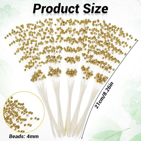 50 Pcs 4mm Pearls String Beaded Stick Pearl Bouquet Party Decoration Gold Floral Accents Bride Wedding Bouquet Accessories Long Sticks for Flower Golden Glitter Berry Stem Decorations for Party in Kuwait