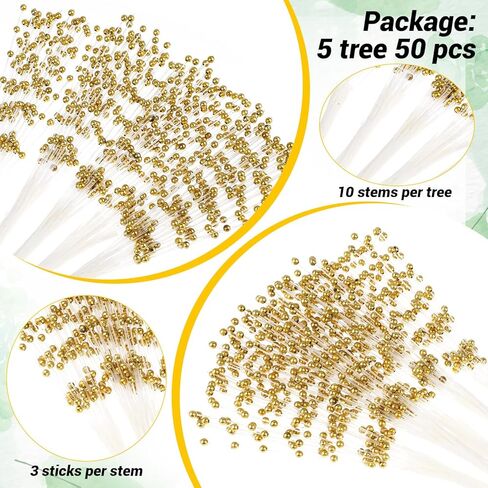 50 Pcs 4mm Pearls String Beaded Stick Pearl Bouquet Party Decoration Gold Floral Accents Bride Wedding Bouquet Accessories Long Sticks for Flower Golden Glitter Berry Stem Decorations for Party in Kuwait