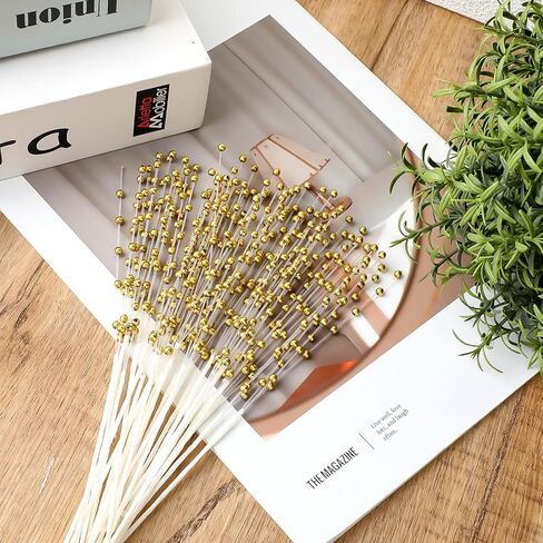 50 Pcs 4mm Pearls String Beaded Stick Pearl Bouquet Party Decoration Gold Floral Accents Bride Wedding Bouquet Accessories Long Sticks for Flower Golden Glitter Berry Stem Decorations for Party in Kuwait