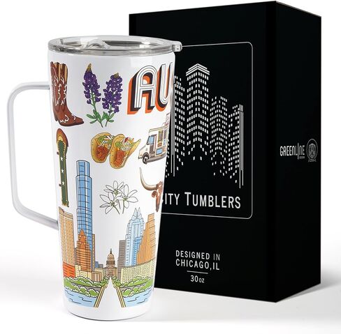 Greenline Goods 30oz Austin City Insulated Tumblers with Lids & Handle – Stainless Steel Tumblers for Hot & Cold Beverages, Elegant Coffee Tumbler Mug Design – Hot & Cold Coffee Tumbler in Saudi Arabia