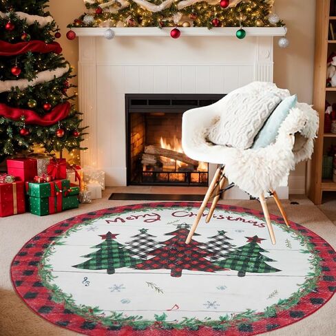 Christmas Round Area Rug Washable Circular Rug 4ft Christmas Round Rugs Farmhouse Plaid Round Carpet Small Round Rug for Living Room Bedroom Dining Room Nursery(Plaid-Tree) in Saudi Arabia