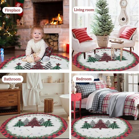 Christmas Round Area Rug Washable Circular Rug 4ft Christmas Round Rugs Farmhouse Plaid Round Carpet Small Round Rug for Living Room Bedroom Dining Room Nursery(Plaid-Tree) in Saudi Arabia