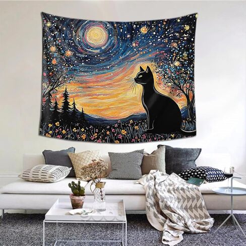 VentuCoven Aesthetic Black Cat Tapestry For Bedroom Starry Night Tapestries Colorful Floral Wall Blanket Home Decoration for Bedroom Living Room Dorm Home Decor Wall Decor 60x51 Inch in Saudi Arabia