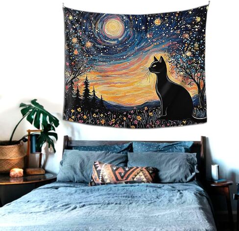 VentuCoven Aesthetic Black Cat Tapestry For Bedroom Starry Night Tapestries Colorful Floral Wall Blanket Home Decoration for Bedroom Living Room Dorm Home Decor Wall Decor 60x51 Inch in Saudi Arabia