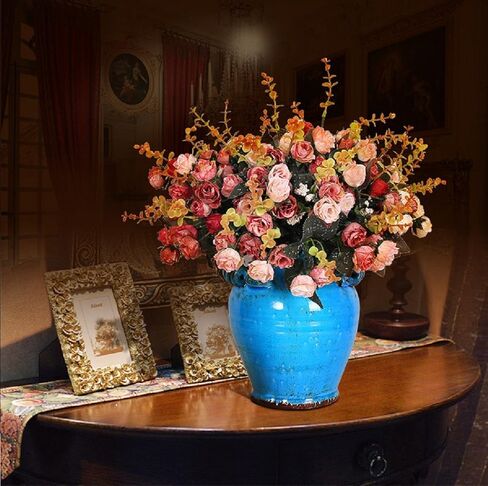 Luyue 7 فرع 21 رأس من الحرير الاصطناعي زهور وهمية أوراق الورد باقة ديكور زهور الزفاف، عبوة من 2 (قهوة حمراء) in Kuwait