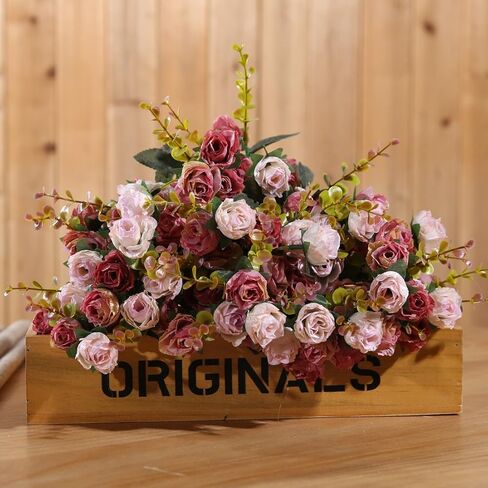 Luyue 7 فرع 21 رأس من الحرير الاصطناعي زهور وهمية أوراق الورد باقة ديكور زهور الزفاف، عبوة من 2 (قهوة حمراء) in Kuwait