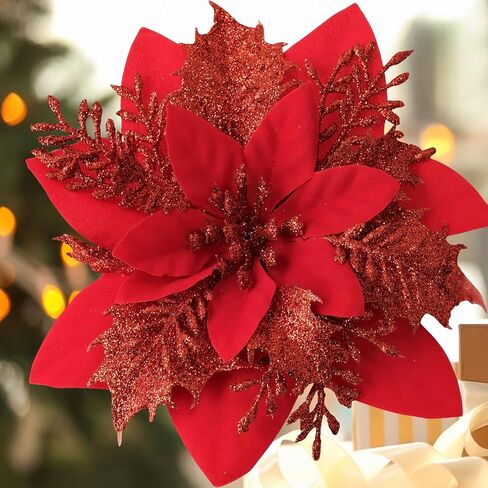 12PCS Christmas Poinsettia Artificial Flowers,Xmas Red Glitter Silk Flowers with Clips and Steams for DIY Christmas Tree Decorations Stairs Wreath Ornaments Home Party in Saudi Arabia