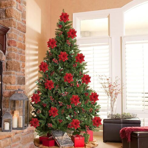 12PCS Christmas Poinsettia Artificial Flowers,Xmas Red Glitter Silk Flowers with Clips and Steams for DIY Christmas Tree Decorations Stairs Wreath Ornaments Home Party in Saudi Arabia