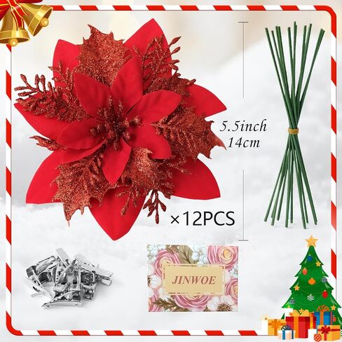 12PCS Christmas Poinsettia Artificial Flowers,Xmas Red Glitter Silk Flowers with Clips and Steams for DIY Christmas Tree Decorations Stairs Wreath Ornaments Home Party in Saudi Arabia