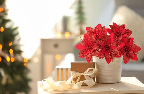 12PCS Christmas Poinsettia Artificial Flowers,Xmas Red Glitter Silk Flowers with Clips and Steams for DIY Christmas Tree Decorations Stairs Wreath Ornaments Home Party in Saudi Arabia