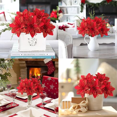 12PCS Christmas Poinsettia Artificial Flowers,Xmas Red Glitter Silk Flowers with Clips and Steams for DIY Christmas Tree Decorations Stairs Wreath Ornaments Home Party in Saudi Arabia