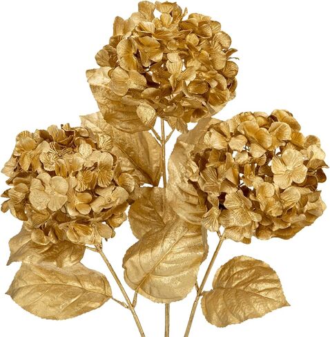 Hollyone 3Pcs Christmas Flowers Gold Artificial Hydrangea Flowers 26.8inch Fake Hydrangea Flower Floral Arrangements Bouquets Xmas Faux Hydrangea Stems Wedding Party Centerpieces Christmas Home Decor in Saudi Arabia