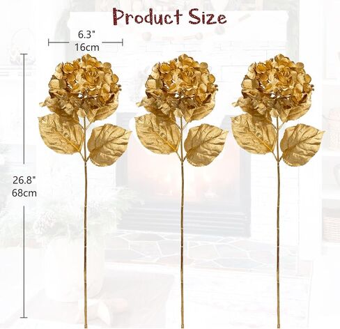 Hollyone 3Pcs Christmas Flowers Gold Artificial Hydrangea Flowers 26.8inch Fake Hydrangea Flower Floral Arrangements Bouquets Xmas Faux Hydrangea Stems Wedding Party Centerpieces Christmas Home Decor in Saudi Arabia