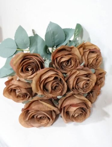 18'' Princess Diana Rose Silk Artificial Flower (10 Stems/10 Flower Heads) Wedding Party Home Decorations Fall Winter Colors (Brown) in Saudi Arabia