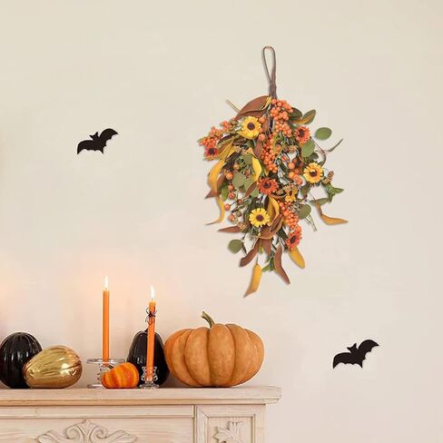 19.7inch Fall Harvest Teardrop Swag, Artificial Pumpkin Berry Front Door Wall Hanging Harvest Garland Autumn Thanksgiving Wreath for Indoor Outdoor Christmas Halloween Decor(A) in Saudi Arabia