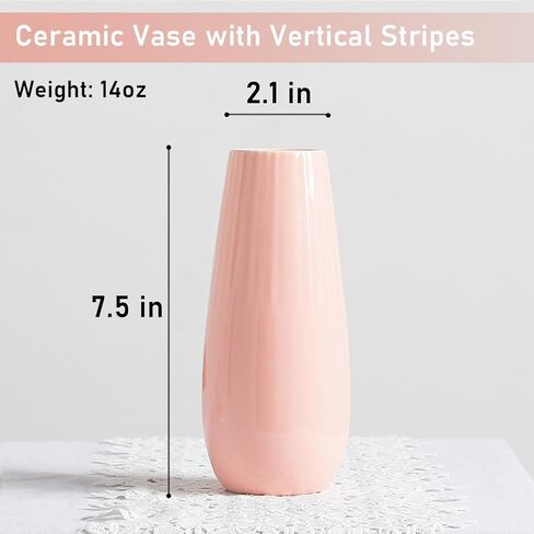 Pink Ceramic Vase with Vertical Stripes, 7.5 Inch Flower Vase for Pampas Calla Lily Tulip, Minimalism Modern Style for Home Living Room Dining Table Farmhouse Office Decor in Kuwait