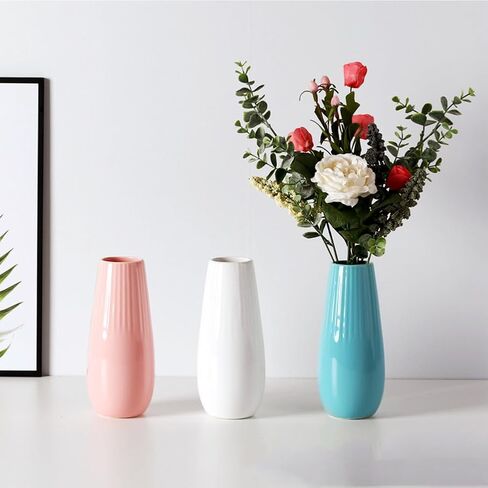 Pink Ceramic Vase with Vertical Stripes, 7.5 Inch Flower Vase for Pampas Calla Lily Tulip, Minimalism Modern Style for Home Living Room Dining Table Farmhouse Office Decor in Kuwait