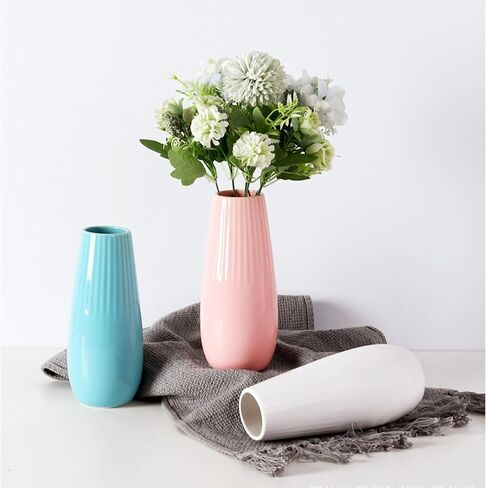 Pink Ceramic Vase with Vertical Stripes, 7.5 Inch Flower Vase for Pampas Calla Lily Tulip, Minimalism Modern Style for Home Living Room Dining Table Farmhouse Office Decor in Kuwait