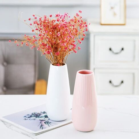 Pink Ceramic Vase with Vertical Stripes, 7.5 Inch Flower Vase for Pampas Calla Lily Tulip, Minimalism Modern Style for Home Living Room Dining Table Farmhouse Office Decor in Kuwait