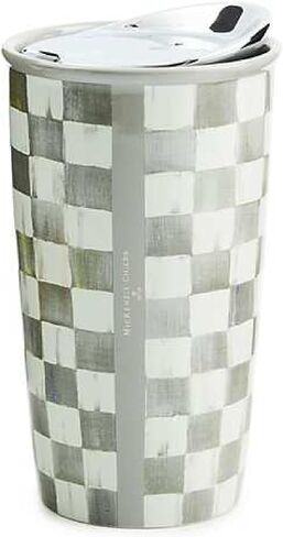MACKENZIE-CHILDS Ceramic Travel Cup, Cute Tumbler Cup with Lid, 12 Ounces, Black-and-White Courtly Check in Saudi Arabia