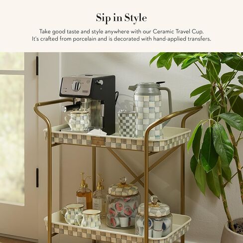 MACKENZIE-CHILDS Ceramic Travel Cup, Cute Tumbler Cup with Lid, 12 Ounces, Black-and-White Courtly Check in Saudi Arabia