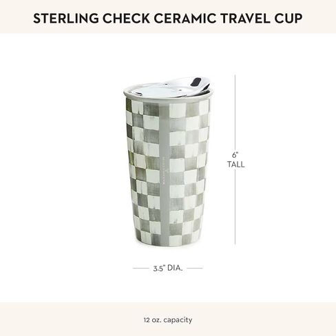 MACKENZIE-CHILDS Ceramic Travel Cup, Cute Tumbler Cup with Lid, 12 Ounces, Black-and-White Courtly Check in Saudi Arabia