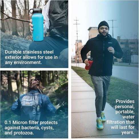 Uzima - زجاجة مياه مفلترة من Z-Source للمشي لمسافات طويلة وحقائب الظهر والتخييم والسفر. سعة كبيرة 32oz مع جزء خارجي من الفولاذ المقاوم للصدأ بجدار مزدوج. in Kuwait