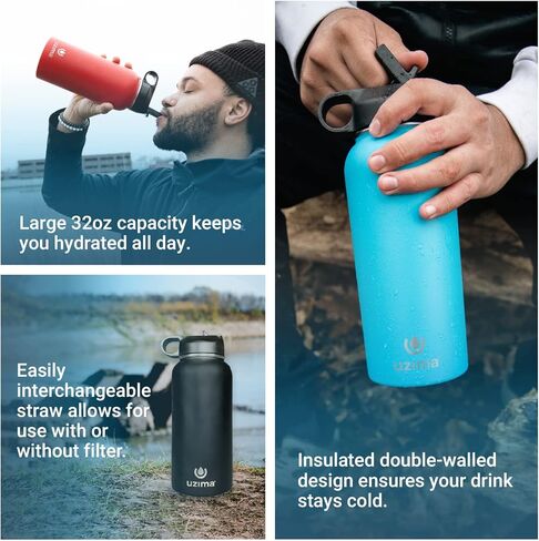 Uzima - زجاجة مياه مفلترة من Z-Source للمشي لمسافات طويلة وحقائب الظهر والتخييم والسفر. سعة كبيرة 32oz مع جزء خارجي من الفولاذ المقاوم للصدأ بجدار مزدوج. in Kuwait