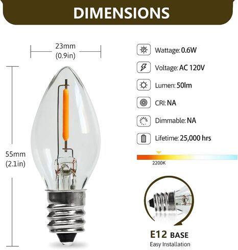 C7 Replacement LED Light Bulbs, 0.6W Equivalent to 7W, Warm White 2200K String Lights, E12 Candelabra Screw Base Edison Night Light Bulbs,Clear Plastic Cage & Chandeliers Bulbs - 25Pack in Saudi Arabia