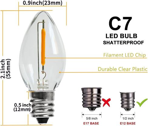 C7 Replacement LED Light Bulbs, 0.6W Equivalent to 7W, Warm White 2200K String Lights, E12 Candelabra Screw Base Edison Night Light Bulbs,Clear Plastic Cage & Chandeliers Bulbs - 25Pack in Saudi Arabia