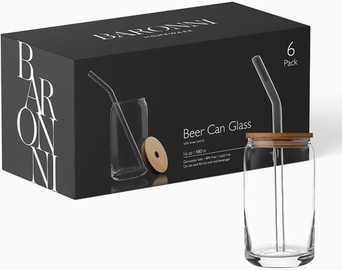 Can Shaped Drinking Glasses for Iced Coffee & Tea with Glass Straws & Bamboo Lids- 16oz Clear Tumbler Drinkware - Set of 6 Cups for Soda, Water, Whiskey, Beer and Cocktails in Saudi Arabia