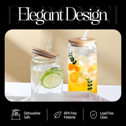 Can Shaped Drinking Glasses for Iced Coffee & Tea with Glass Straws & Bamboo Lids- 16oz Clear Tumbler Drinkware - Set of 6 Cups for Soda, Water, Whiskey, Beer and Cocktails in Saudi Arabia