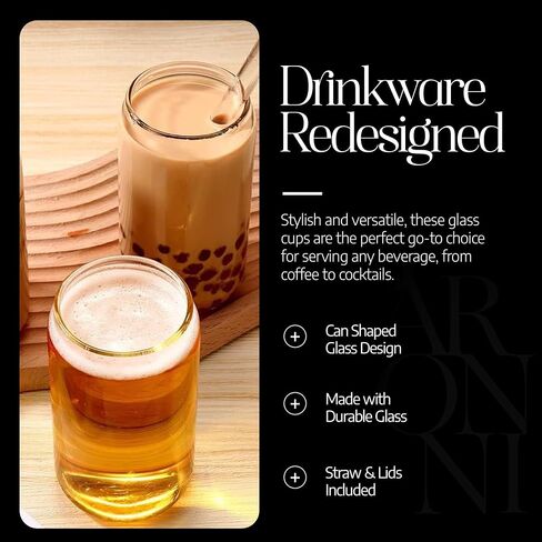 Can Shaped Drinking Glasses for Iced Coffee & Tea with Glass Straws & Bamboo Lids- 16oz Clear Tumbler Drinkware - Set of 6 Cups for Soda, Water, Whiskey, Beer and Cocktails in Saudi Arabia