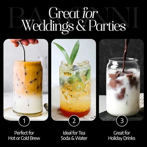 Can Shaped Drinking Glasses for Iced Coffee & Tea with Glass Straws & Bamboo Lids- 16oz Clear Tumbler Drinkware - Set of 6 Cups for Soda, Water, Whiskey, Beer and Cocktails in Saudi Arabia