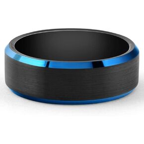 Men's Brushed Black Tungsten Ring Blue Polished Beveled Edge 8mm Wedding Band