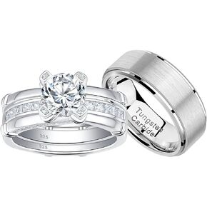 Blongme Wedding Ring Sets for him and her Women Sterling Silver CZ His Men Titanium Wedding Band Couples 925 Sterling Silver Size 5-12